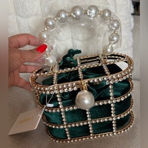 Pearl Handle Rhinestone Cage Bag Green Velvet Evening Clutch NWT